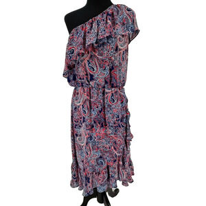 Parker Woman Red Blue Off Shoulder Ruffles Dress Size M Lined Elastic Waist City